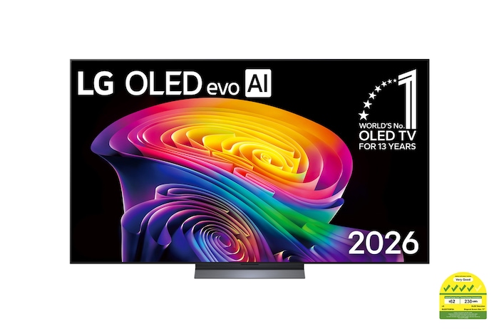 The front view of LG OLED evo AI C6, released in 2026, features a slim black bezel, with a vivid, sculpted swirl of layered rainbow tones flowing across the screen.