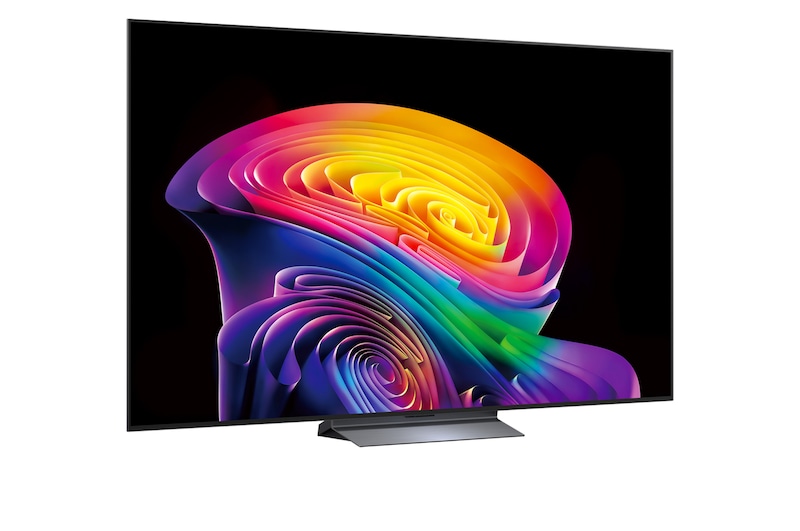 LG OLED evo AI C6 shown in front and side views highlights a 77-inch display with a 1711 mm-wide screen, an overall height of 982 mm, and an ultra-slim 47.1 mm depth without a stand.
