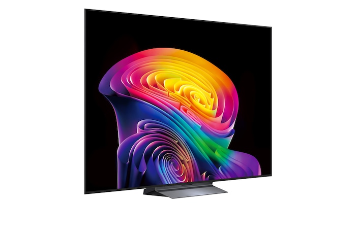 LG OLED evo AI C6 shown in front and side views highlights a 77-inch display with a 1711 mm-wide screen, an overall height of 982 mm, and an ultra-slim 47.1 mm depth without a stand.