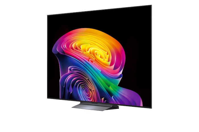 LG OLED evo AI C6 shows a split-screen planet-and-stars scene, comparing an anti-glare matte display with its Perfect Black & Perfect Color display for clearer picture quality in any light, supported by UL certification and Intertek certifications for color volume and color fidelity.