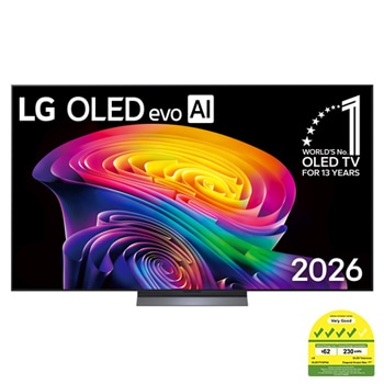 The front view of LG OLED evo AI C6, released in 2026, features a slim black bezel, with a vivid, sculpted swirl of layered rainbow tones flowing across the screen.