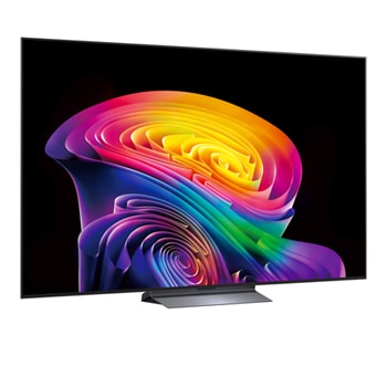 LG OLED evo AI C6 shown in front and side views highlights a 77-inch display with a 1711 mm-wide screen, an overall height of 982 mm, and an ultra-slim 47.1 mm depth without a stand.
