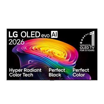 The front view of the LG OLED evo AI C6, released in 2026, displays an image of layered, multicolored forms, featuring Hyper Radiant Color Tech, Perfect Black & Perfect Color, along with the World’s No.1 OLED TV for 13 Years badge.