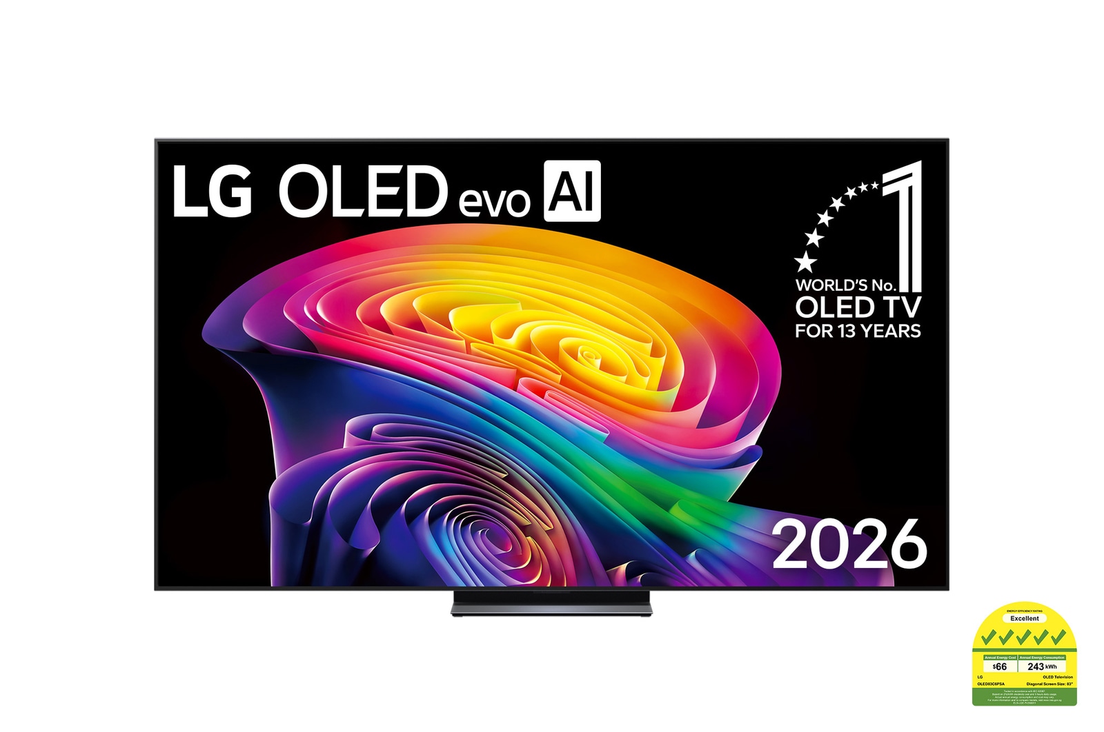 The front view of LG OLED evo AI C6, released in 2026, features a slim black bezel, with a vivid, sculpted swirl of layered rainbow tones flowing across the screen.