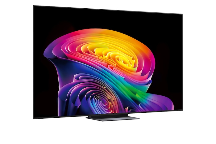LG OLED evo AI C6 shown in front and side views highlights a 77-inch display with a 1711 mm-wide screen, an overall height of 982 mm, and an ultra-slim 47.1 mm depth without a stand.