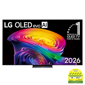The front view of LG OLED evo AI C6, released in 2026, features a slim black bezel, with a vivid, sculpted swirl of layered rainbow tones flowing across the screen.