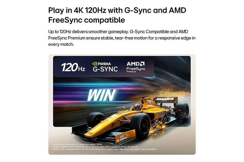 LG OLED evo AI G6 for Unbeatable Gameplay in 4K 120Hz shows a high-speed racing game with a yellow open-wheel car in motion, bold “WIN” text on screen, and NVIDIA G-SYNC and AMD FreeSync Premium logos at the top.