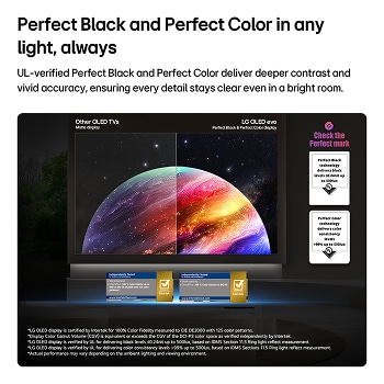 LG OLED evo AI G6 shows a split-screen planet-and-stars scene, comparing an anti-glare matte display with its Perfect Black & Perfect Color display for clearer picture quality in any light, supported by UL certification and Intertek certifications for color volume and color fidelity.