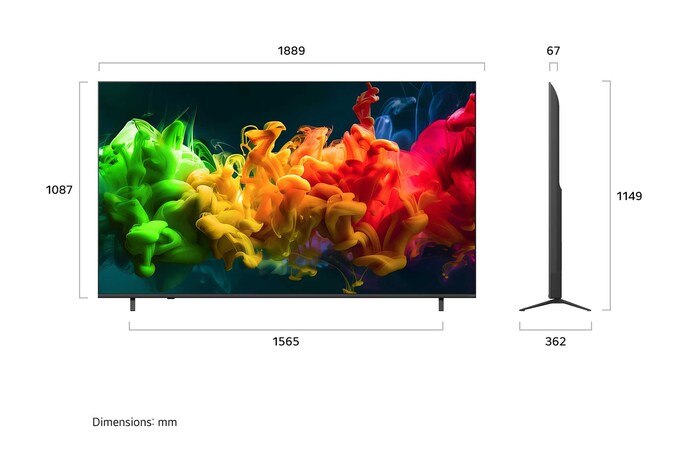 LG QNED evo AI QNED80 Mini LED shown in front and side views highlights an 85-inch display with a 1889 mm-wide screen, 1087 mm screen height, 1149 mm height with stand, a 67 mm profile depth, and a stand footprint measuring 1565 by 362 mm.