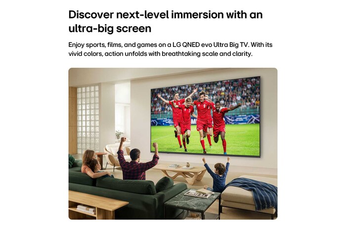 LG QNED evo AI QNED80 Mini LED Ultra Big TV is wall-mounted in a bright living room, showing a soccer celebration with vivid colors and refined picture quality across a wide screen, as a family seated on sofas cheers together.
