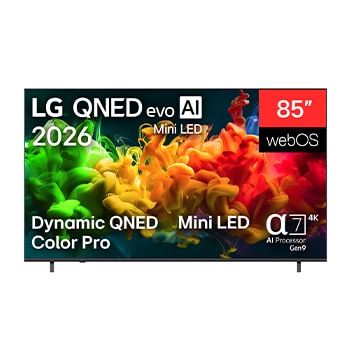 The front view of the LG QNED evo AI QNED80 Mini LED, released in 2026, displays vivid, fluid flows of multicolored motion on screen, featuring Dynamic QNED Color Pro, Mini LED, an α7 AI Processor 4K Gen9, webOS, and an 85-inch display.