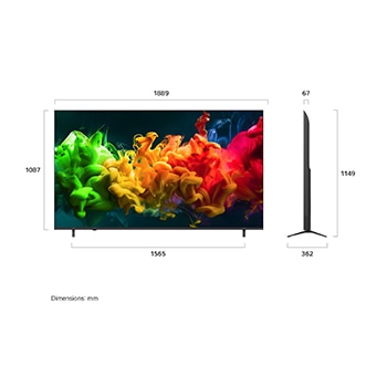LG QNED evo AI QNED80 Mini LED shown in front and side views highlights an 85-inch display with a 1889 mm-wide screen, 1087 mm screen height, 1149 mm height with stand, a 67 mm profile depth, and a stand footprint measuring 1565 by 362 mm.