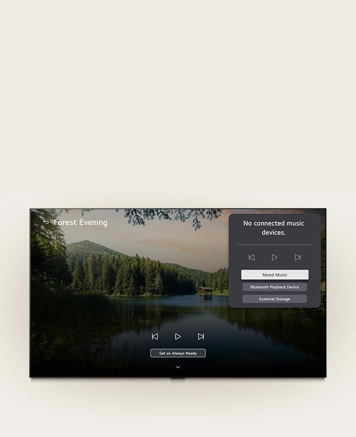 LG QNED evo AI QNED82 Mini LED’s LG Gallery+ with BGM and Music Lounge shows the “Forest Evening” forest lake scene on screen, with a visible music lounge UI panel for mood music, Bluetooth playback, and controls. 