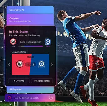 LG QNED AI QNED70 Mini LED delivers a dynamic sports experience on a large, clear screen, with AI-driven panels displaying predictions, player insights, and league data as gameplay is analyzed in real time.