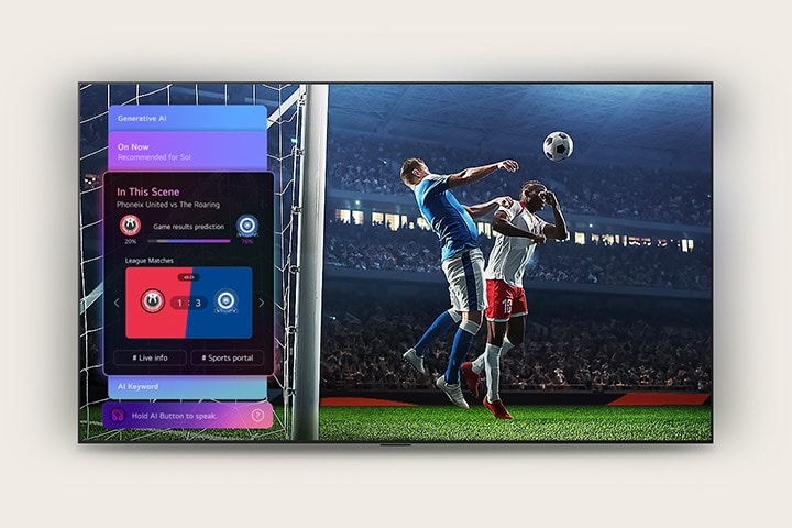 LG QNED AI QNED70 Mini LED Sports Forecast by AI Concierge displays a live soccer match with an on-screen AI panel presenting predictions, game insights, and league data, suggesting how AI analyzes gameplay to forecast match outcomes.