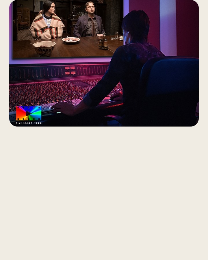 LG QNED AI QNED70 Mini LED is shown in a studio as a director works at a control panel while editing a movie displayed on screen. The FILMMAKER MODE logos appear at the bottom left.