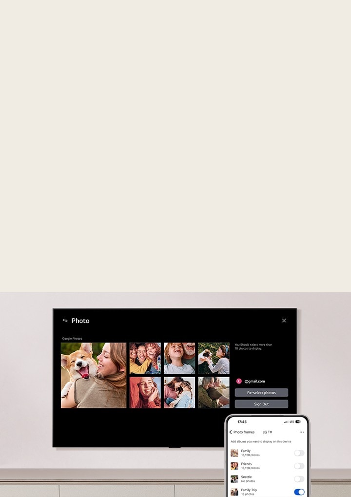 LG QNED AI QNED70 Mini LED shows a Google Photos grid of family snapshots, while a phone displays an album list with the Family Trip album toggle switched on. 