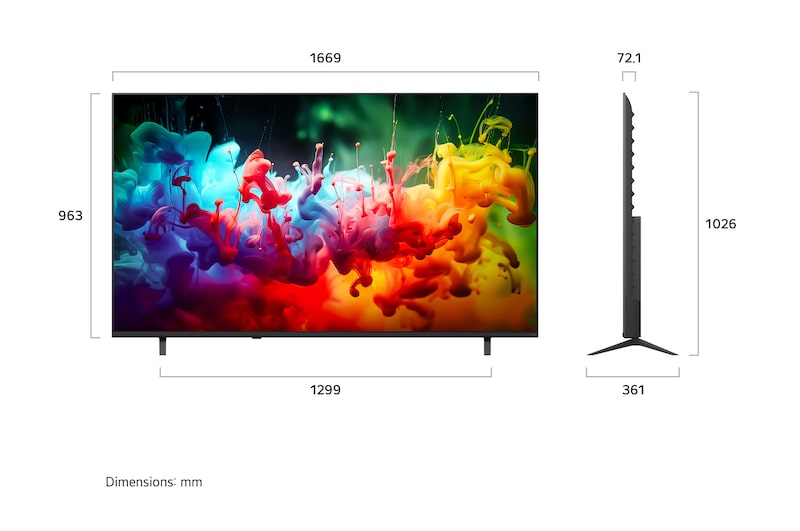 LG QNED AI QNED70 Mini LED shown in front and side views highlights a 75-inch display with a 1669 mm-wide screen, 963 mm screen height, 1026 mm height with stand, a 72.1 mm profile depth, and a stand footprint measuring 1299 by 361 mm.