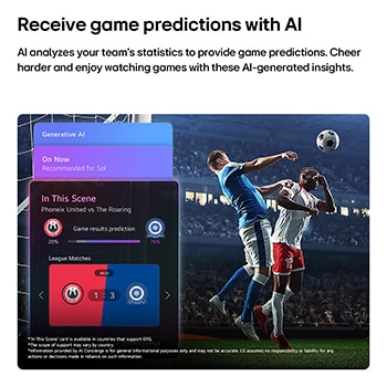 LG QNED evo AI QNED70 Mini LED Sports Forecast by AI Concierge displays a live soccer match with an on-screen AI panel presenting predictions, game insights, and league data, suggesting how AI analyzes gameplay to forecast match outcomes. 