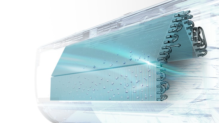 ภาพด้านภายในเครื่องปรับอากาศ LG แสดงฟังก์ชัน Auto Clean เป่าลม ให้หยดน้ำที่คอยล์แห้งเพื่อลดการสะสมของแบคทีเรีย