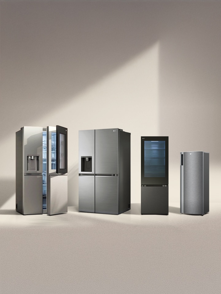 Four LG refrigerator freezers in the sun. Left multi-door refrigerator with side-by-side and two-door one-door models next to it.