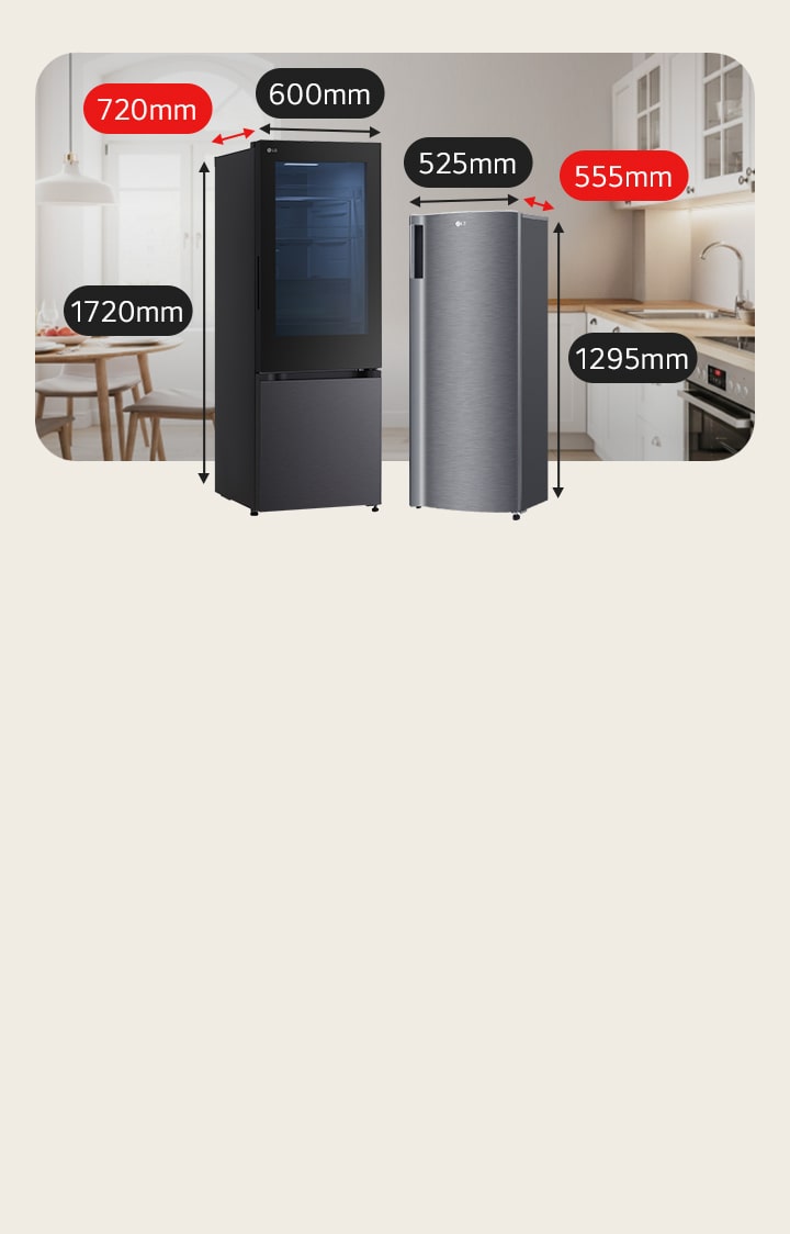 ตู้เย็น LG ที่มีทั้งช่องแช่เย็น ช่องแช่แข็งขนาดกะทัดรัดที่มีประตูใสพร้อมไฟสีน้ำเงินส่องสว่าง ข้างๆ มีตู้เย็นแบบ 1-Door ที่ประตูปิดอยู่ ด้านหลังตู้เย็นคือห้องครัวโทนสีขาวที่ดูทันสมัย