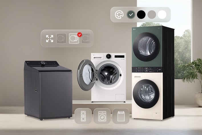 กลุ่มผลิตภัณฑ์ซักรีดของ LG พร้อมไอคอนสำหรับสี ความจุ และพลังงาน เครื่องซักผ้าสีขาว เครื่องอบผ้าสีดำ และ WashTower สีเขียว-เบจ