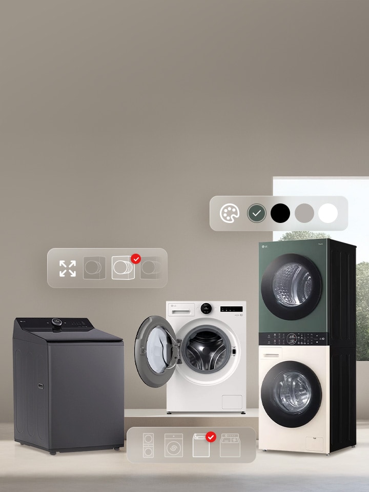 กลุ่มผลิตภัณฑ์ซักรีดของ LG พร้อมไอคอนสำหรับสี ความจุ และชนิด: เครื่องซักผ้าฝาบน เครื่องซักผ้าฝาหน้า, WashTower สีเขียว-เบจ