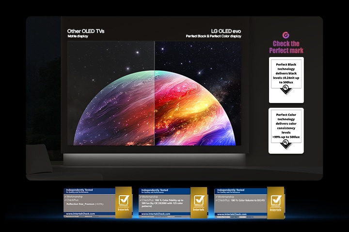 ทีวี LG OLED evo AI W6 Wallpaper แสดงภาพแบ่งหน้าจอเป็นภาพดาวเคราะห์และดวงดาว เปรียบเทียบจอ anti-glare matte display กับจอ Perfect Black & Perfect Color ที่ให้คุณภาพของภาพคมชัดยิ่งขึ้นในทุกสภาพแสง โดยได้รับการรับรองมาตรฐาน UL และ Intertek สำหรับความถูกต้องของสีและลดแสงสะท้อน