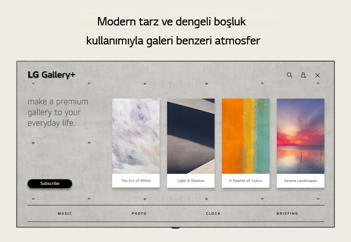 LG Gallery+, özenle seçilmiş sanat koleksiyonlarıyla görsel olarak çekici bir Ana Ekran kullanıcı arayüzü sunar.