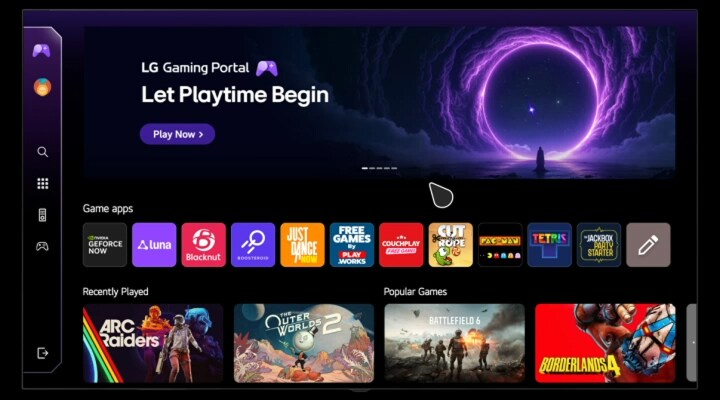 Gaming Portal ekranını gösteren ve mevcut oyunlar ve özellikler arasında aşağı doğru kayan LG TV. Video, bir kullanıcının soldaki ayarlar menüsüne gittiğini ve GFN, Luna, Blacknut ve Boosteroid dahil çeşitli oyun seçeneklerini gösteriyor.