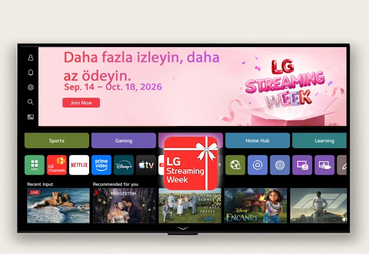 webOS Ana Ekran Kullanıcı Arayüzü, bir LG Streaming Week afişi ve uygulama simgesi ile ekranda akış uygulamaları ve önerilen içerikleri gösteriyor.