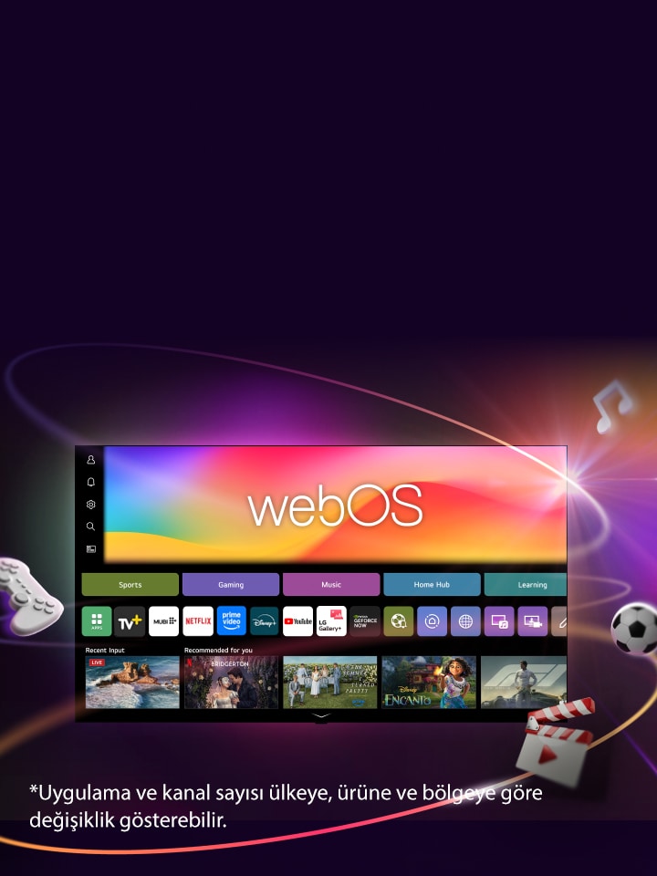Eğlence uygulamaları ve LG Channels kullanıcı arabirimi ögelerinin bulunduğu webOS ana ekranını görüntüleyen LG Smart TV, dışarıya doğru dinamik olarak genişleyerek 4.000’den fazla global uygulamaları ve kanalları vurgular.
