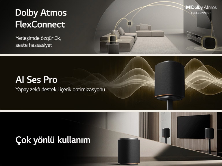 1) LG Sound Suite with Dolby Atmos FlexConnect technology detects each speaker’s location to optimize surround sound systems 2) LG Sound Suite speaker emitting golden sound waves, illustrating AI Sound Pro for an optimized home sound system 3) LG Sound Suite speakers arranged with a TV , highlighting versatile use for home audio systems