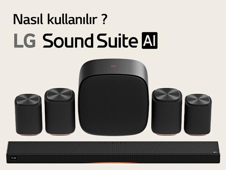 H7 soundbar, bir çift M7 hoparlör, bir çift M5 hoparlör ve bir W7 woofer’dan oluşan LG Sound Suite ev sinema hoparlör seti.
