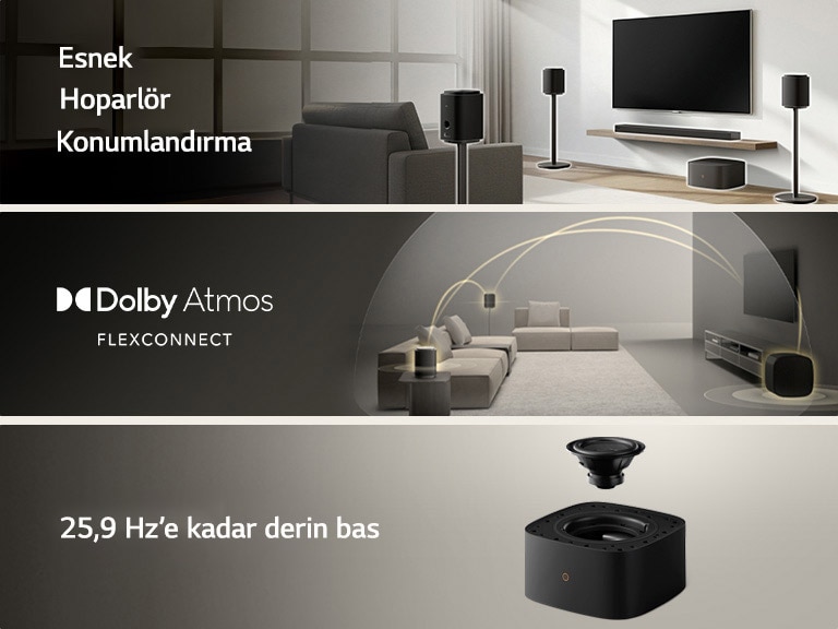1)Oturma odasına yerleştirilmiş LG Sound Suite, sürükleyici bir ev ses sistemi için esnek hoparlör konumlandırmasını gösteriyor 2)Dolby Atmos FlexConnect teknolojisine sahip LG Sound Suite, surround ses sistemini optimize etmek için her hoparlörün konumunu algılar 3)LG Sound Suite W7 woofer’ın sürücüsünü gösteren yakın plan görüntü; 29,5 Hz’e kadar uzanan derin bas performansı sunar