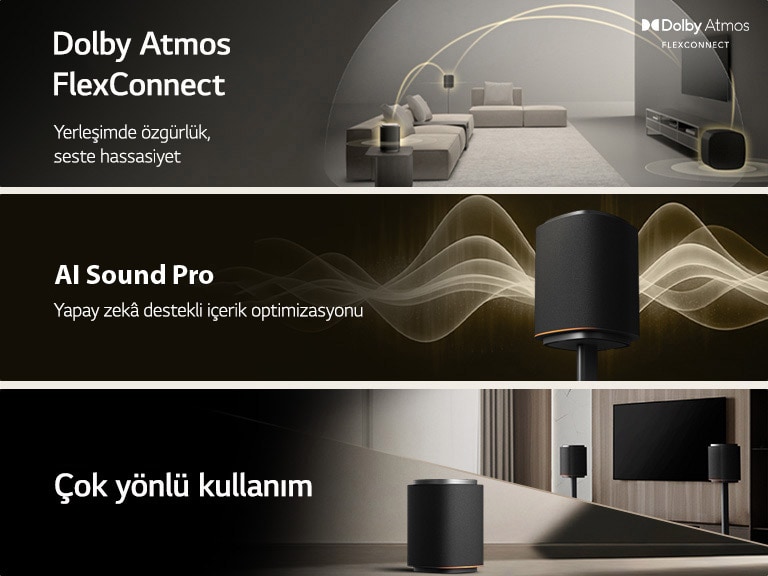 1) Dolby Atmos FlexConnect teknolojisine sahip LG Sound Suite, surround ses sistemlerini optimize etmek için her hoparlörün konumunu algılar 2) Optimize edilmiş ev ses sistemi için AI Ses Pro’yu simgeleyen altın renkli ses dalgaları yayan LG Sound Suite hoparlör 3) Ev ses sistemlerinde çok yönlü kullanım vurgusuyla TV ile birlikte konumlandırılmış LG Sound Suite hoparlörleri