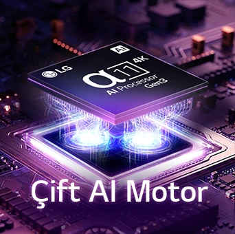 LG Micro RGB evo AI MRGB95, koyu renkli bir devre kartı üzerinde mor ışıkla parlayarak Çift AI Motorunu vurgulayan yeni alfa 11 AI İşlemci 4K Gen3 özelliğini gösteriyor. 