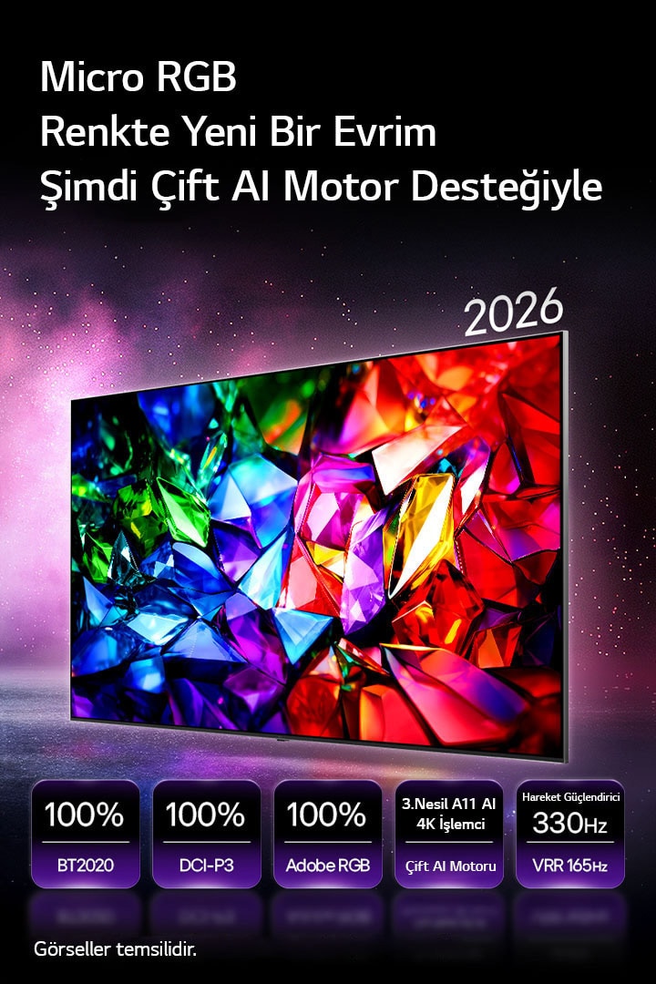 LG Micro RGB evo AI MRGB95, kırmızı, yeşil ve mavinin keskin tonlarıyla canlı, kristal renkli görüntüler ile yeni bir renk evrimi sunar. BT2020, DCI-P3 ve Adobe RGB, alfa 11 AI İşlemci 4K Gen3 Çift Motor ve VRR 165 Hz ile Motion Booster 330Hz’in %100 renk kapsamı ile öne çıkar. 