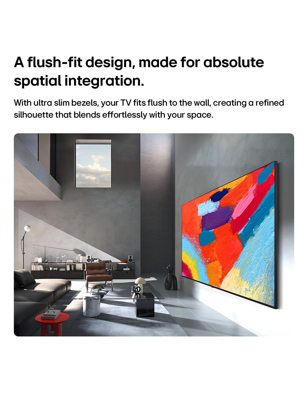 LG Micro RGB evo AI MRGB95, siyah tonlarında döşenmiş geniş bir odada kusursuz bir şekilde duvara monte edilmiş ve iç mekanla uyumlu canlı renklerde cesur sanat eserlerini gösteriyor. 