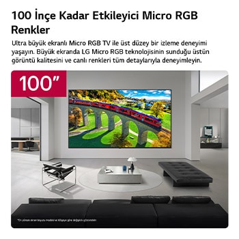 100 inçe kadar ekran boyutu sunan LG Micro RGB evo AI MRGB95, geniş ve modern bir yaşam alanında duvara monte edilmiş. Zengin renkleri ve ince ayrıntıları vurgulayan canlı ve renkli bir manzarayı görüntüleyerek iç mekanı yeni bir seviyeye taşıyor. 
