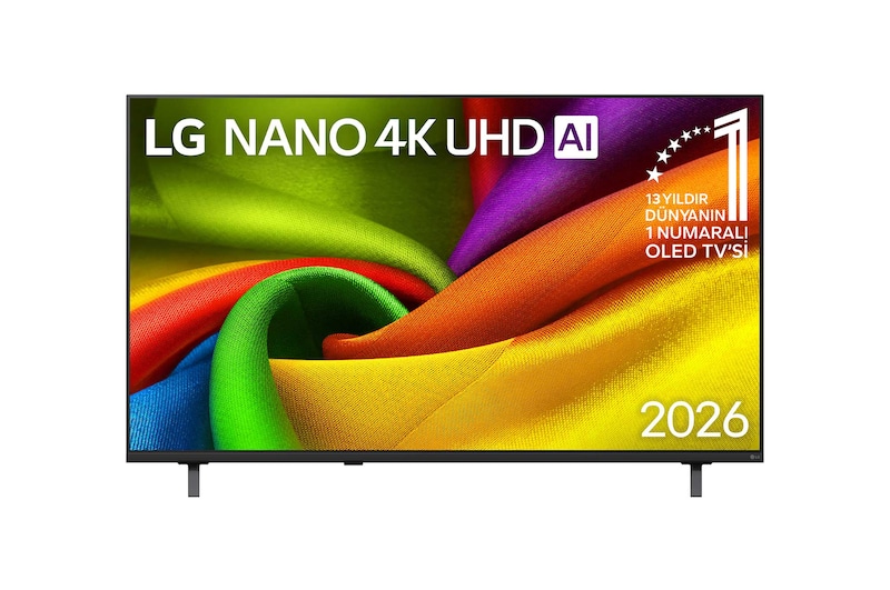 Front view of 55 inç LG NANO UHD AI NU8E 4K 60Hz VRR Smart TV webOS26 2026 55NU8E0B3LA