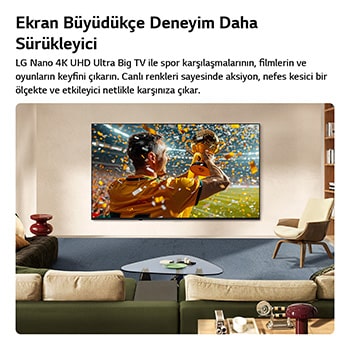 LG NANO 4K UHD AI NU85 Ultra Büyük TV, yaşam alanında duvara monte edilmiş. Konfeti ve kupanın yer aldığı bir spor zaferi sahnesini göstererek canlı renkleri, net detayları ve sürükleyici bir ölçek hissini vurguluyor.