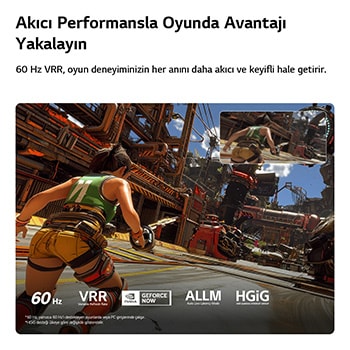 Üstün Oyun Deneyimi için LG NANO 4K UHD AI NU85 daha akıcı hareketi vurgulayan bir karşılaştırma ile hızlı tempolu bir aksiyon oyunu sahnesini gösteriyor. 60 Hz, VRR, ALLM, HGiG ve GeForce NOW özelliklerini destekliyor.