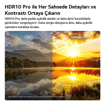 LG NANO 4K UHD AI NU85, SDR ve HDR10 Pro'yu karşılaştıran bölünmüş bir manzara görüntüsünde HDR10 Pro'yu vurguluyor. Görselde, gün batımında göl sahnesinde daha parlak vurgular, daha derin gölgeler ve gelişmiş kontrast belirginleşiyor ve daha zengin ayrıntı ve netlik sunuyor.