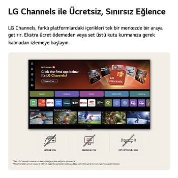 LG NANO 4K UHD AI NU85 ana ekranı, ücretsiz canlı TV kanallarını, filmleri ve özel içerikleri gösteren LG Channels arayüzüne geçiyor. Ödeme, abonelik ve set üstü kutu gerekmeden yüzlerce eğlence seçeneğine doğrudan erişimi vurguluyor.