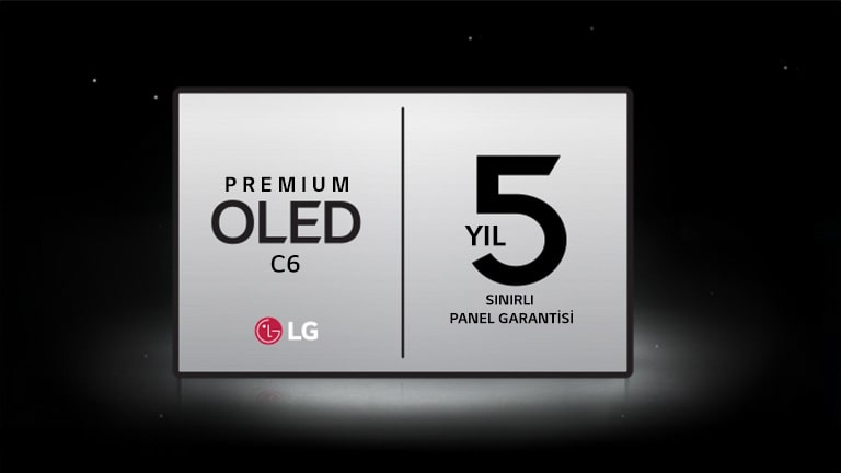 Koyu arka plan üzerinde Premium OLED C6 için 5 Yıllık Sınırlı Panel Garantisi logosu, OLED yanmasıyla ilgili endişelere karşı iç huzuru temsil ediyor.