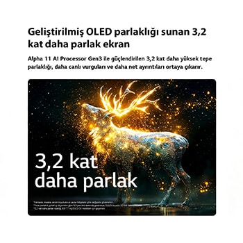 Parlaklık Artırıcı Pro özelliğine sahip LG OLED evo AI C6, parlak partiküllerle çevrili bir geyik silüetinin öne çıktığı karanlık bir sahneyi göstererek daha yüksek parlaklık ve daha net ayrıntılarla 3,2 kata kadar daha yüksek pik parlaklık sunuyor.