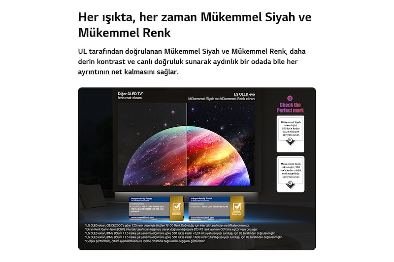 LG OLED evo AI C6, UL sertifikası ve renk hacmi ile renk doğruluğu için Intertek sertifikalarıyla desteklenen, her ışıkta daha net görüntü kalitesi sunmak üzere parlama karşıtı mat ekranı Mükemmel Siyah ve Mükemmel Renk ekranıyla karşılaştıran bölünmüş ekranlı bir gezegen ve yıldızlar sahnesini gösteriyor.