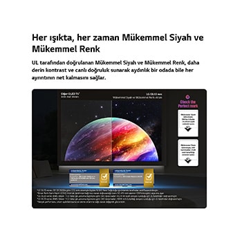 LG OLED evo AI C6, UL sertifikası ve renk hacmi ile renk doğruluğu için Intertek sertifikalarıyla desteklenen, her ışıkta daha net görüntü kalitesi sunmak üzere parlama karşıtı mat ekranı Mükemmel Siyah ve Mükemmel Renk ekranıyla karşılaştıran bölünmüş ekranlı bir gezegen ve yıldızlar sahnesini gösteriyor.